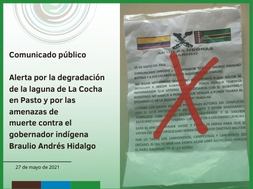Alerta por la degradación de la laguna de La Cocha en Pasto y por las amenazas de muerte contra el gobernador indígena Braulio Andrés Hidalgo