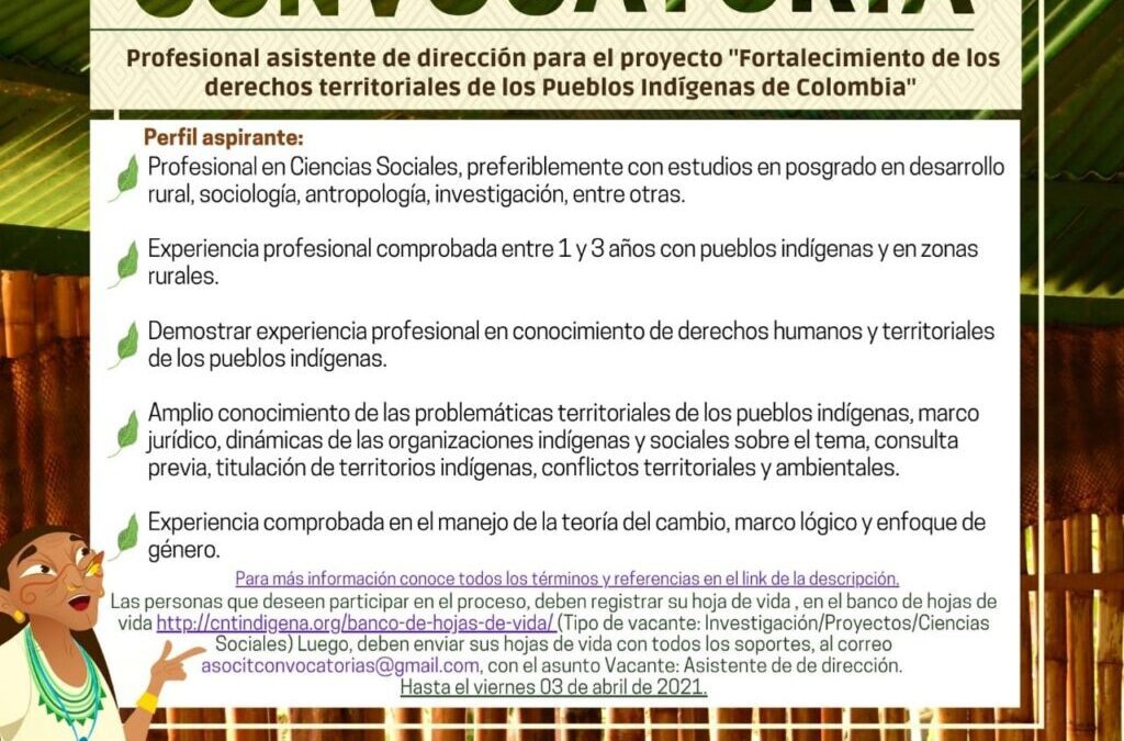 CONVOCATORIA Profesional asistente de dirección para el proyecto Fortalecimiento de los derechos territoriales de los Pueblos Indígenas de Colombia